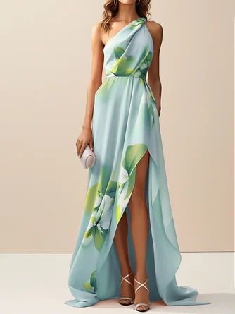 fancy dresses_Orange Pink Asymmetric Printing Classic One Shoulder Sleeveless A-Line Maxi Daytime Dress