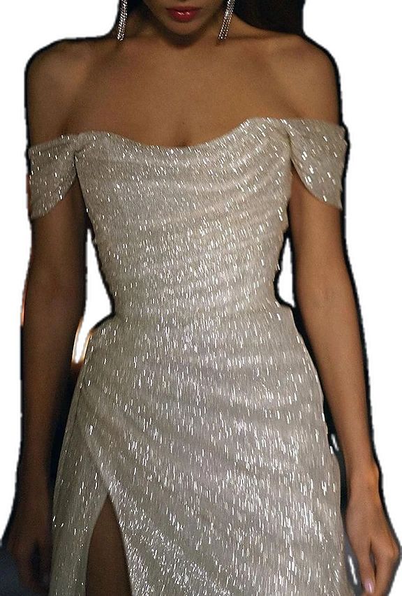 fancy dresses_Mermaid / Trumpet Sweep / Brush Train Prom Dresses Evening Gown Ball Gown Formal Dress Sparkle & Shine Short Sleeve Off Shoulder Prom Wedding Guest Fall Wedding Reception Satin Sequined with Slit 2025 - $159.99