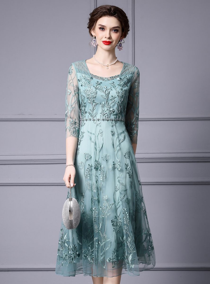 fancy dresses_Green Short Sleeve Appliques Mother Of The Bride Dress