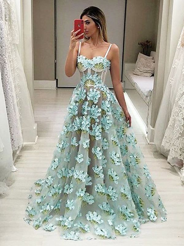 fancy dresses_Tiffany Blue Illusion Floral Organza Spaghetti Strap Prom Dresses,PD00212 - US16 / Picture Color