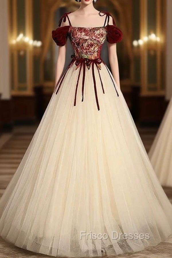 fancy dresses_Champagne Tulle Spaghetti Straps Formal Prom Dress - champagne / US4