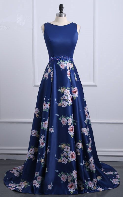 fancy dresses_Navy Floral Print Sleeveless Satin Floor Length A Line Long Prom Dress