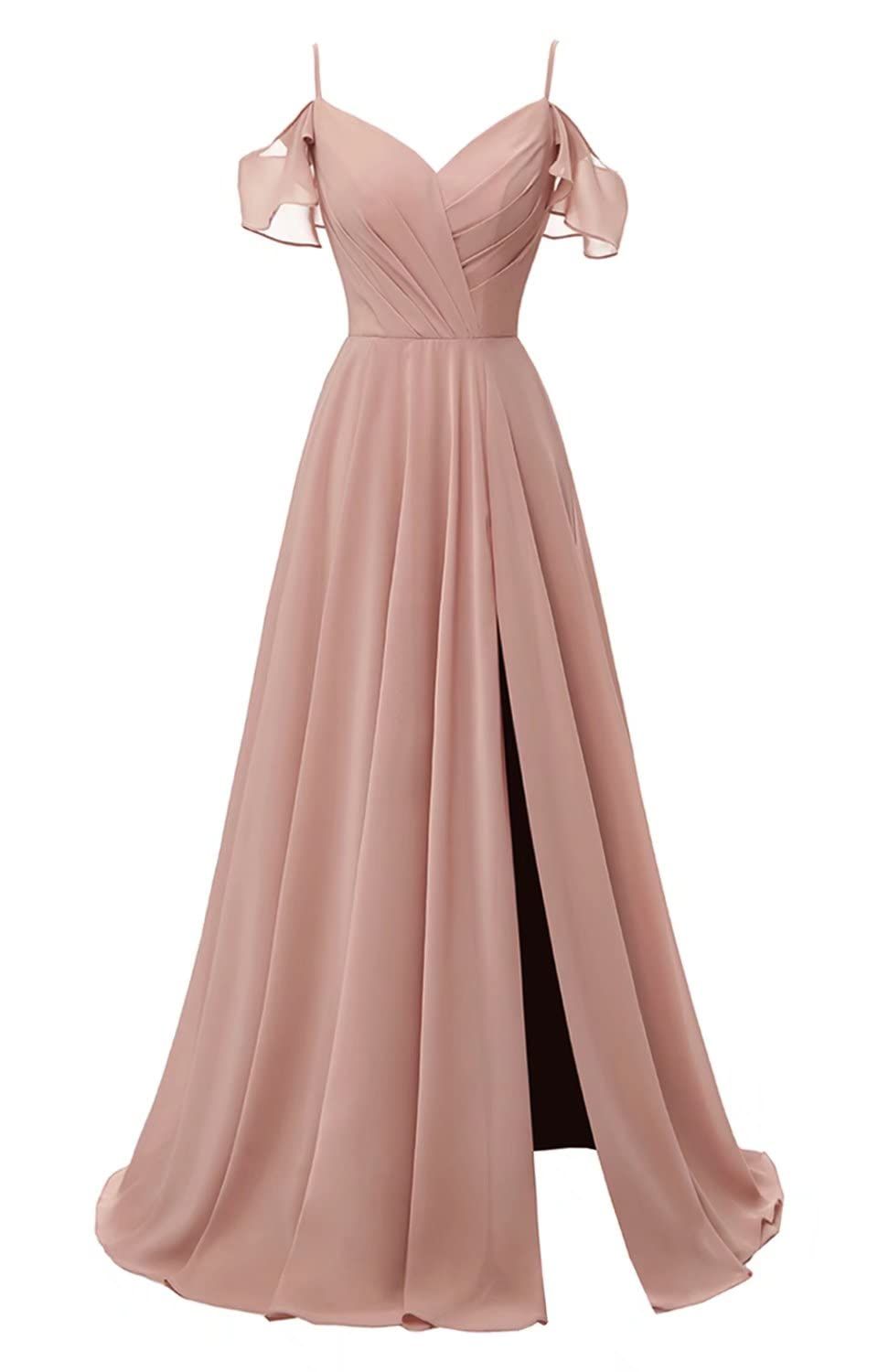 fancy dresses_kidadndy Women's V Neck Bridesmaid Dresses Long Chiffon Ruffle Sleeve Formal Evening Wedding Party Dress with Slit