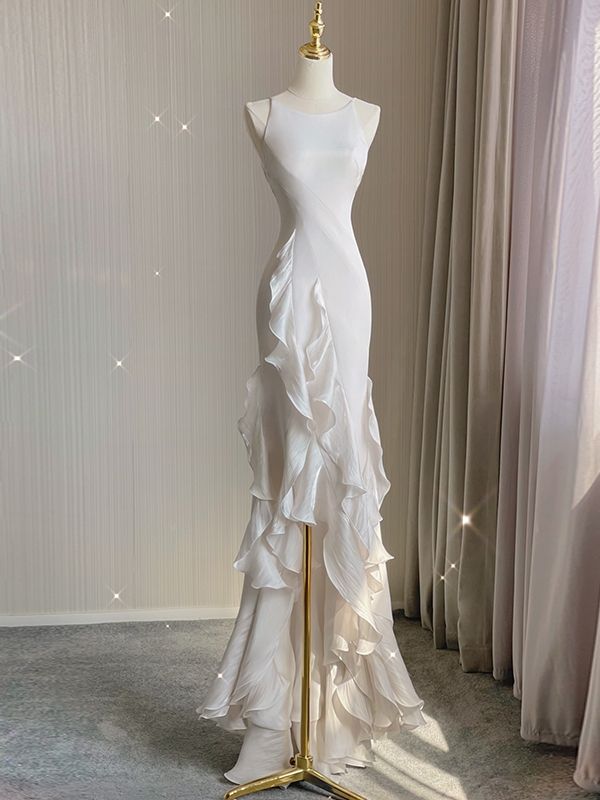 fancy dresses_Beige White Sheath Halter Backless Wedding Dress