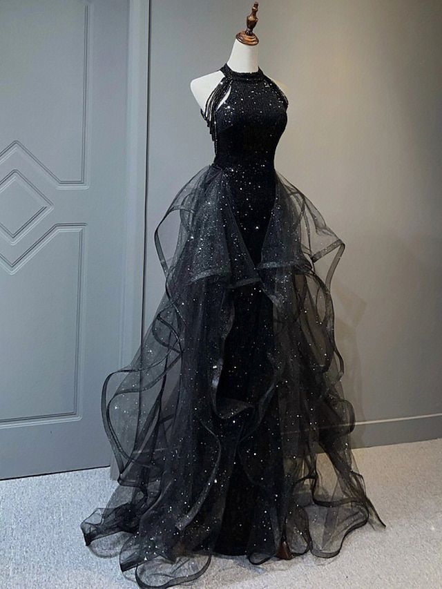 fancy dresses_Ligne A Traîne Balayage Robes de Bal ancien Éclat & Brillance Féerique Sans manches Col Halter robe demoiselle d honneur Fête de mariage Pailleté avec Cristaux Paillettes Volants de 2025 ? $169.99