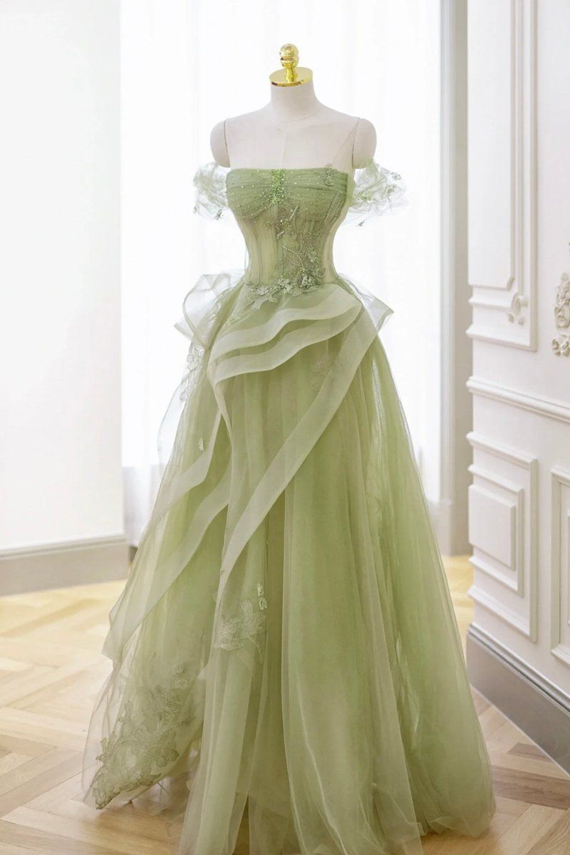 fancy dresses_Nellie | Green Tulle Lace Long Prom Dress with Corset, Green Formal Party Dress - Green / 0