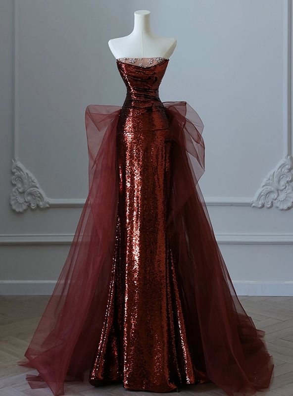 fancy dresses_Burgundy Mermaid Sequins Tulle Strapless Prom Dress