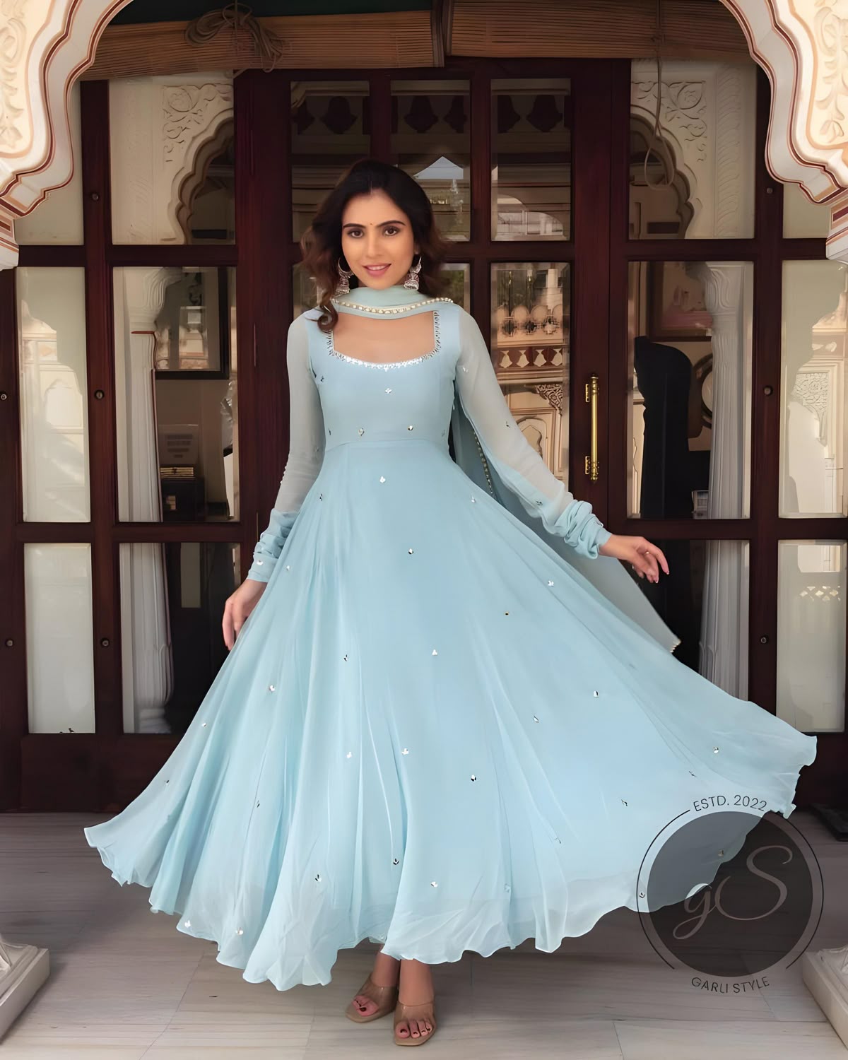 fancy dresses_Anarkali Gown Party Wear sky  blue Hand-made mirror work Wedding Suit for Woman's Custom Stitched Designer Indian Long Dress for Girls