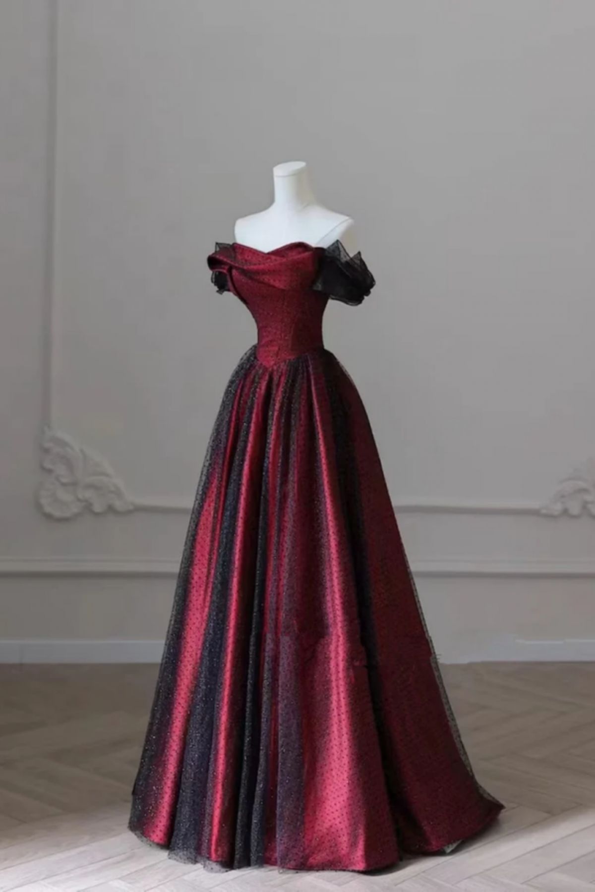 fancy dresses_Black and Red Off Shoulder Satin Long Prom Dress, Off the Shoulder Party Dress