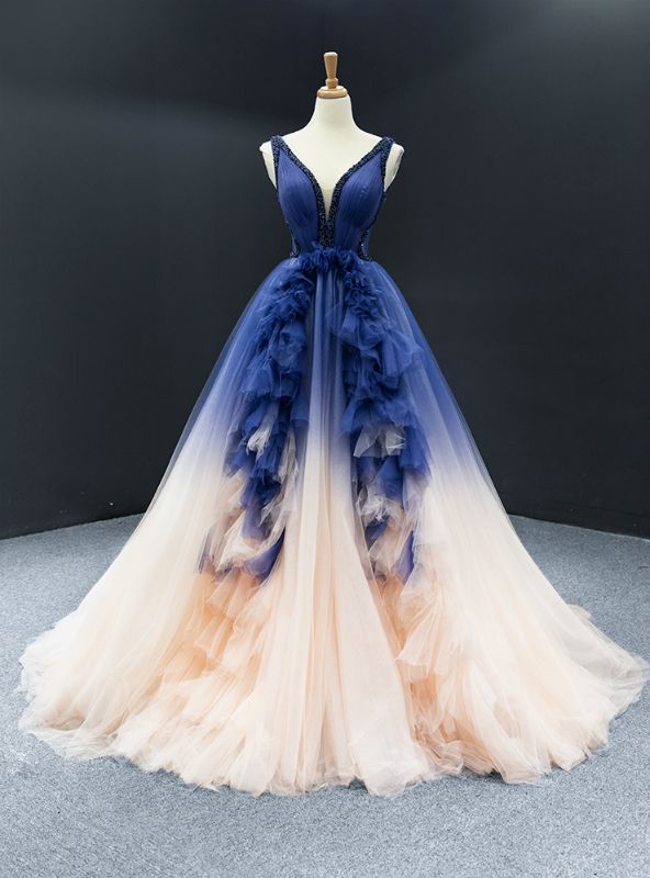 fancy dresses_Dark Blue And Champagne Tulle V-neck Backless Beading Prom Dress