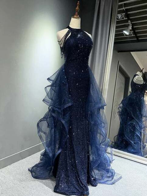 fancy dresses_Navy Blue Sequins Long Prom Party Dress,1951