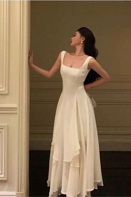 fancy dresses_Straps A Line Ivory Chiffon Long Prom Dresses