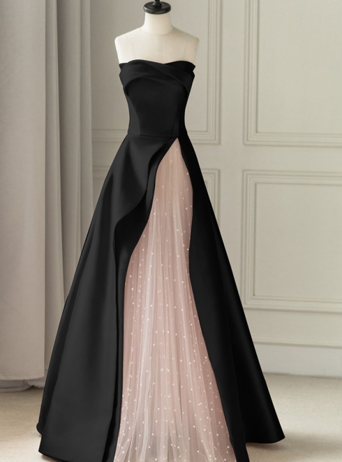 fancy dresses_Black Satin Pink Tulle Strapless Prom Dress