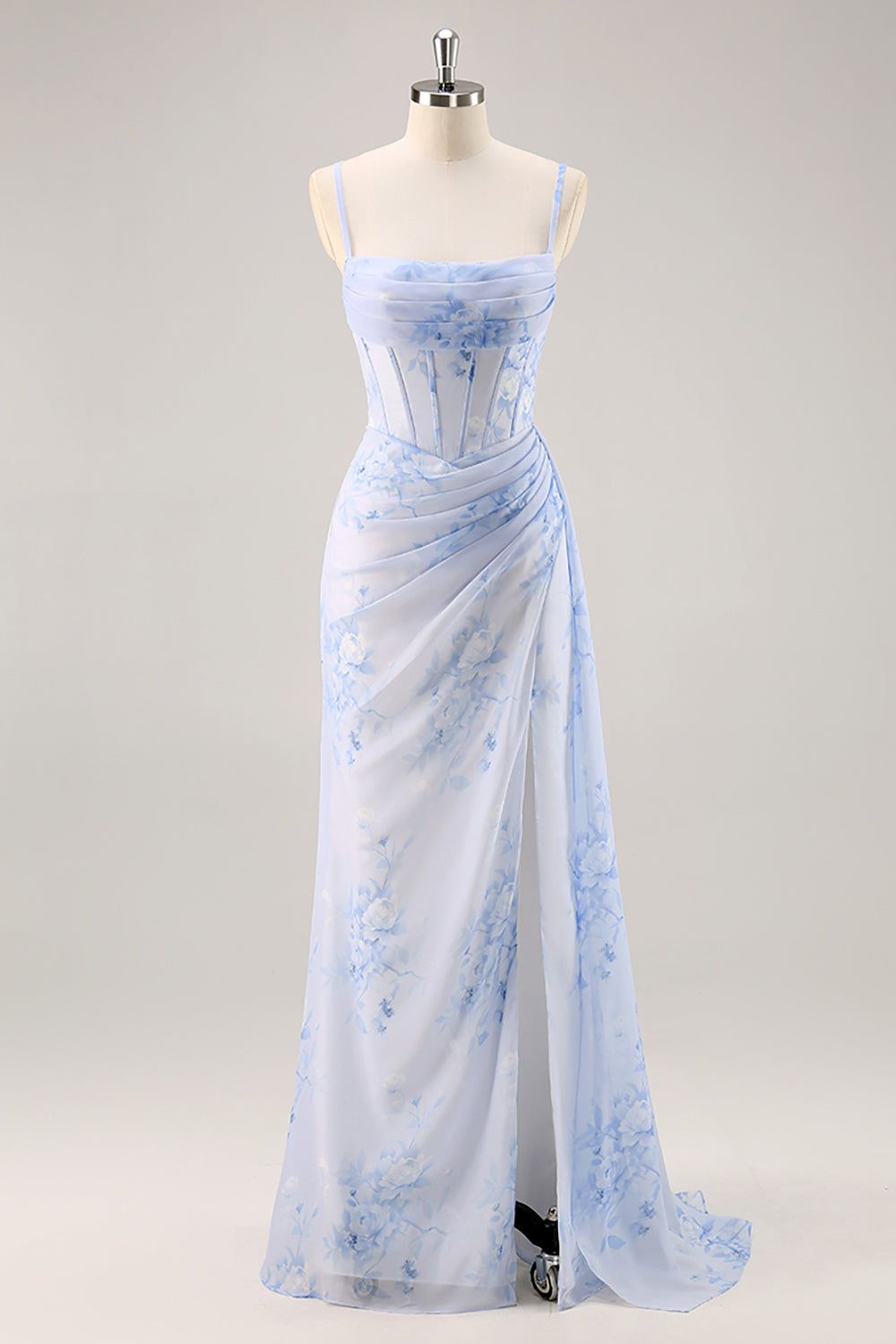fancy dresses_Blue Floral Mermaid Corset Long Bridesmaid Dress with Slit