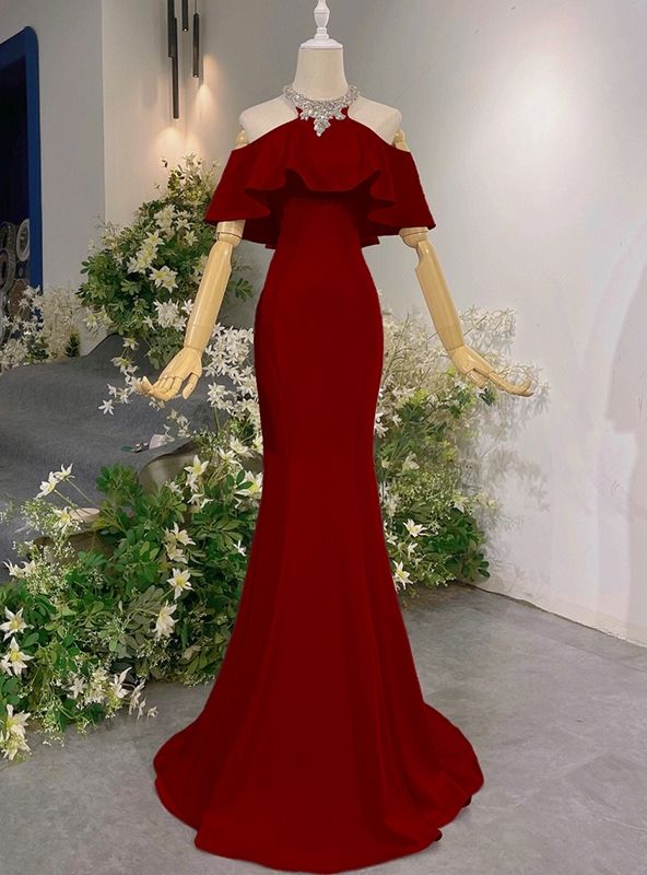 elegant dresses_Mermaid Halter Beading Crystal Prom Dress