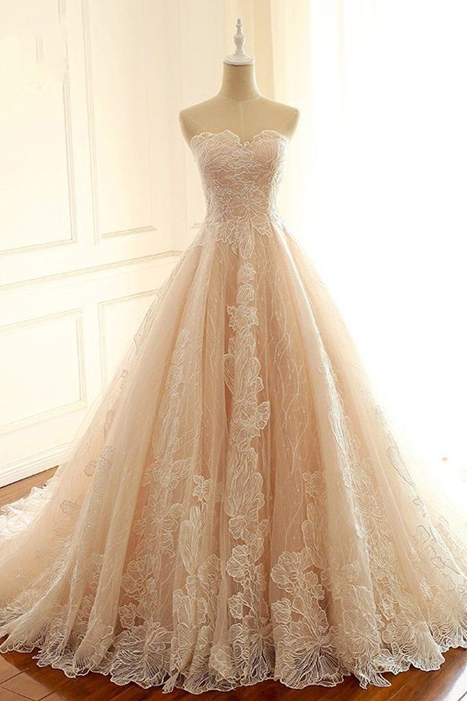 fancy dresses_Light Champagne Lace Sweetheart Neck Long Strapless Evening Dress, Formal Prom Dress,80