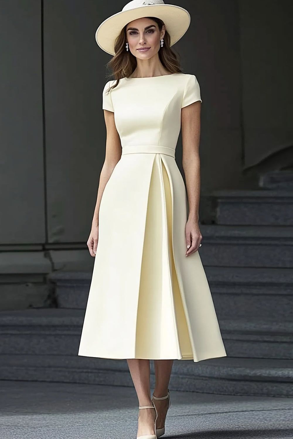 elegant dresses_Light Yellow Satin A Line Boat Neck Long Work Dress