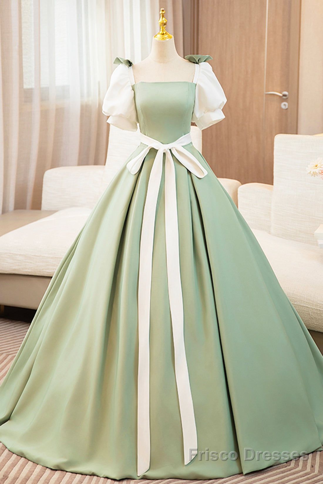 fancy dresses_White and Green Long Prom Dress, Lovely A-Line Short Sleeve Evening Party Dress - White and Green / Custom Size