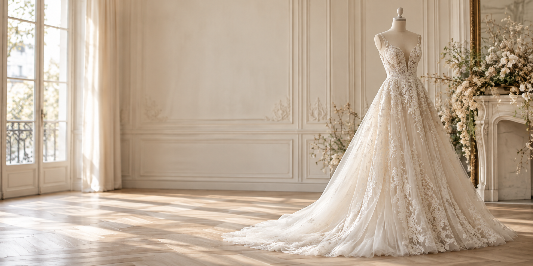 Ivory lace wedding dress in a sunlit bridal studio