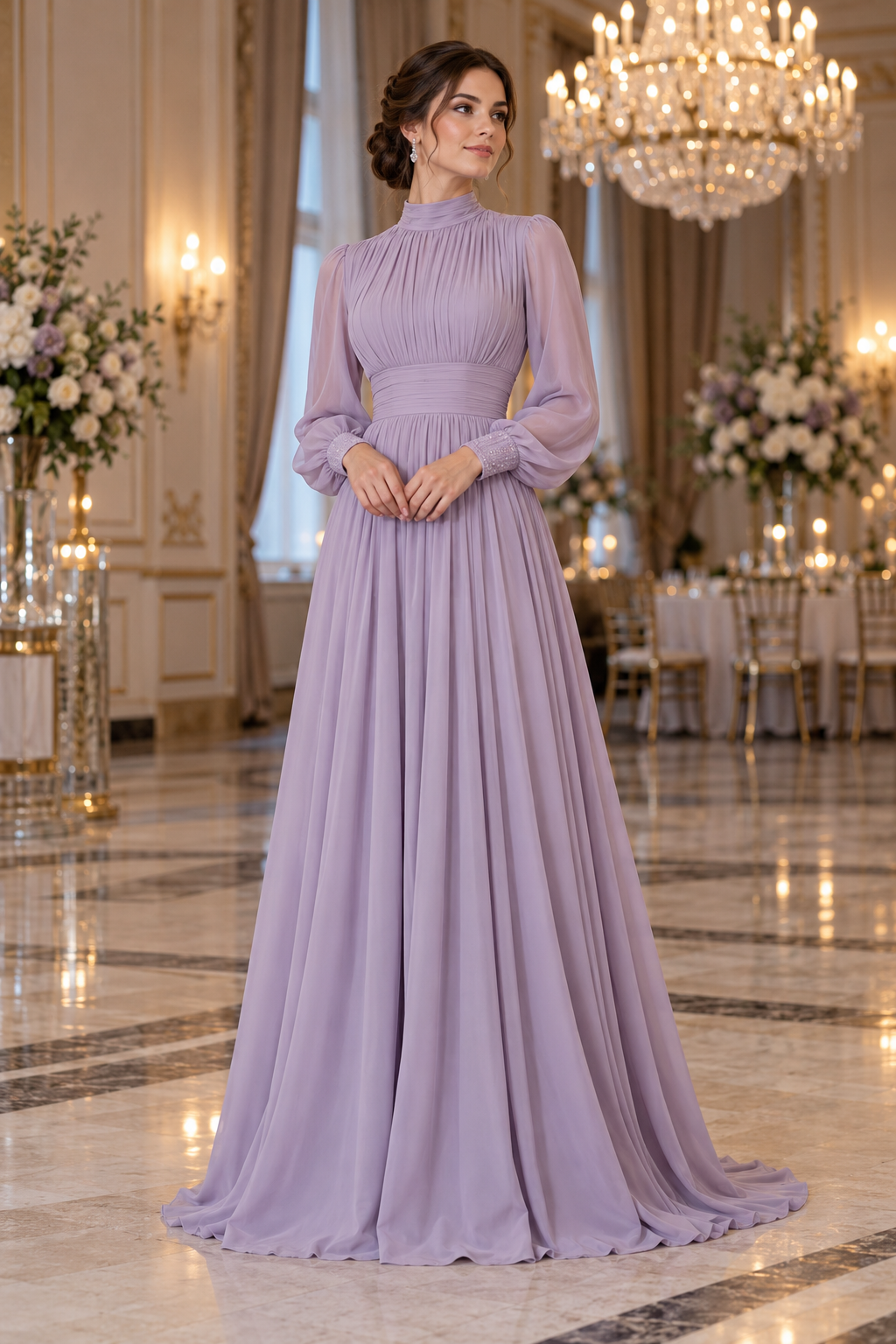 Adult model wearing a lilac formal gown in a ballroom