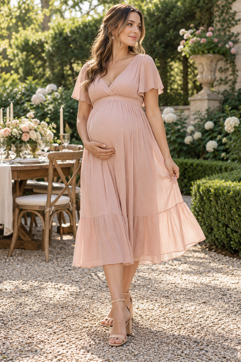 Pregnant adult model wearing a blush dress at a garden celebration