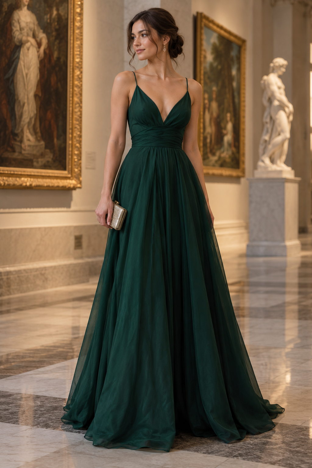 Adult plus-size model wearing a deep green formal gown at an art museum