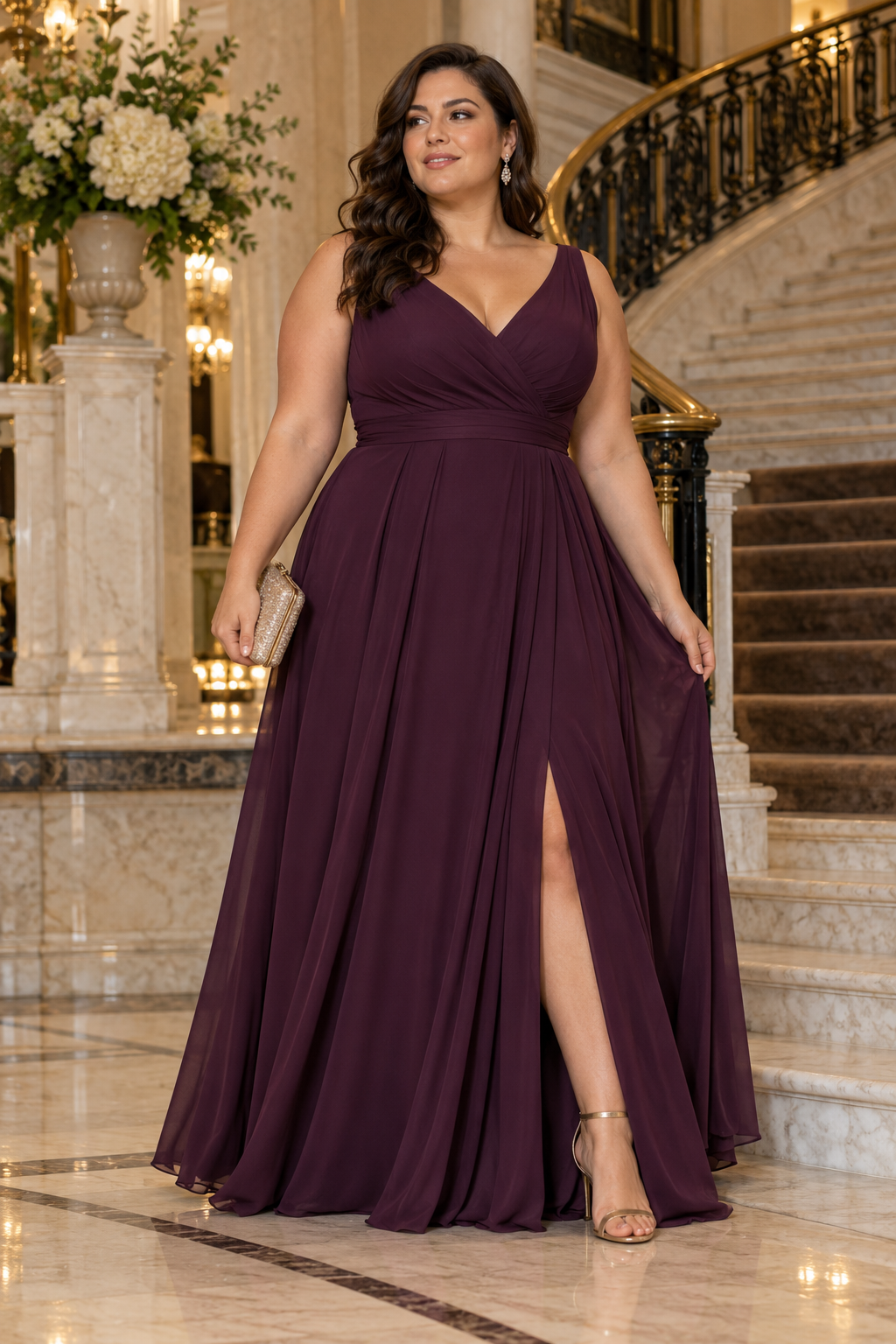 Adult plus-size model wearing a plum A-line evening dress near a hotel staircase
