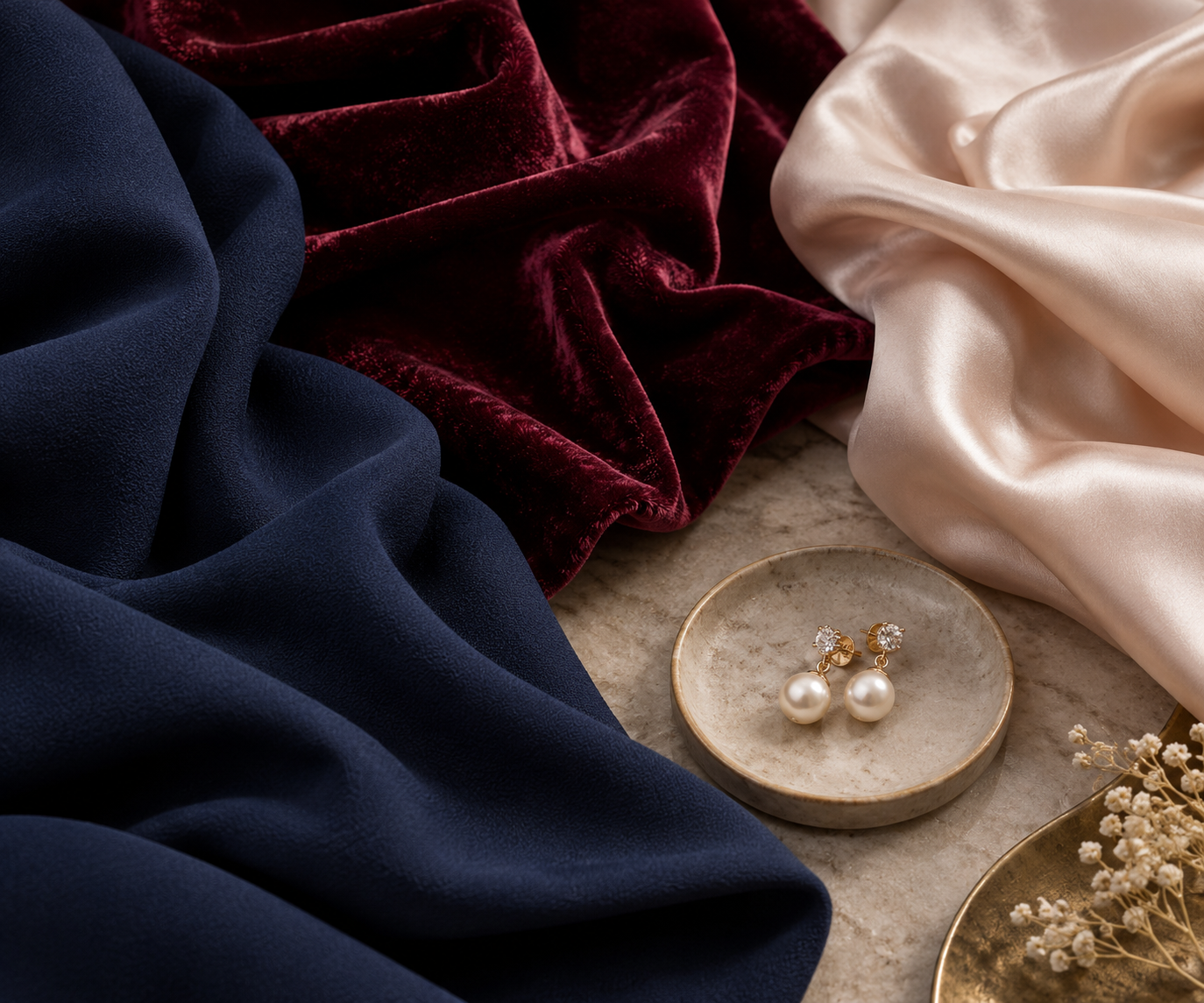 Eveningwear fabric swatches of navy crepe wine velvet and silk