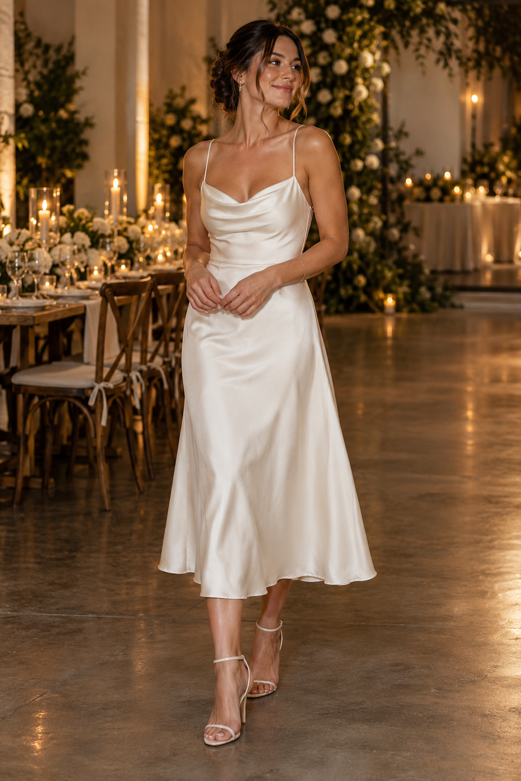 Adult bride wearing an ivory satin reception midi dress