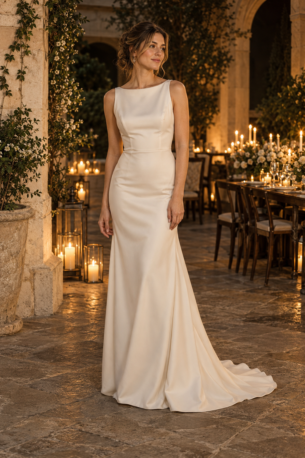 Adult bride wearing a cream tailored dress in a candlelit courtyard