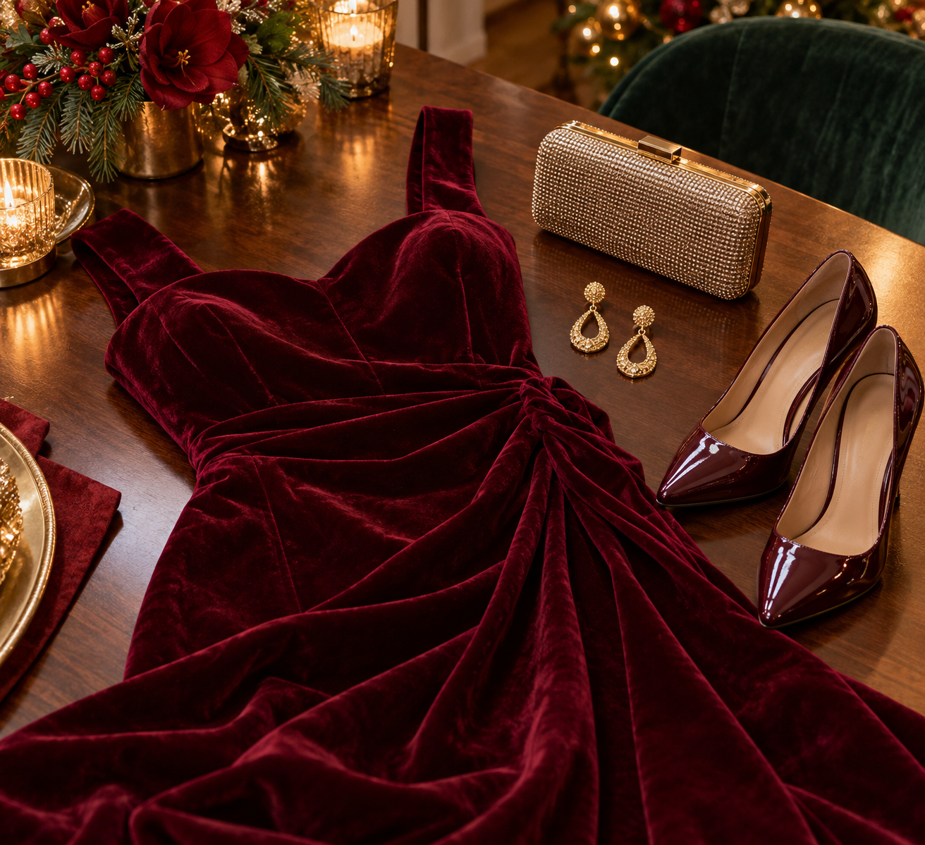 Burgundy velvet fabric with gold earrings and evening accessories