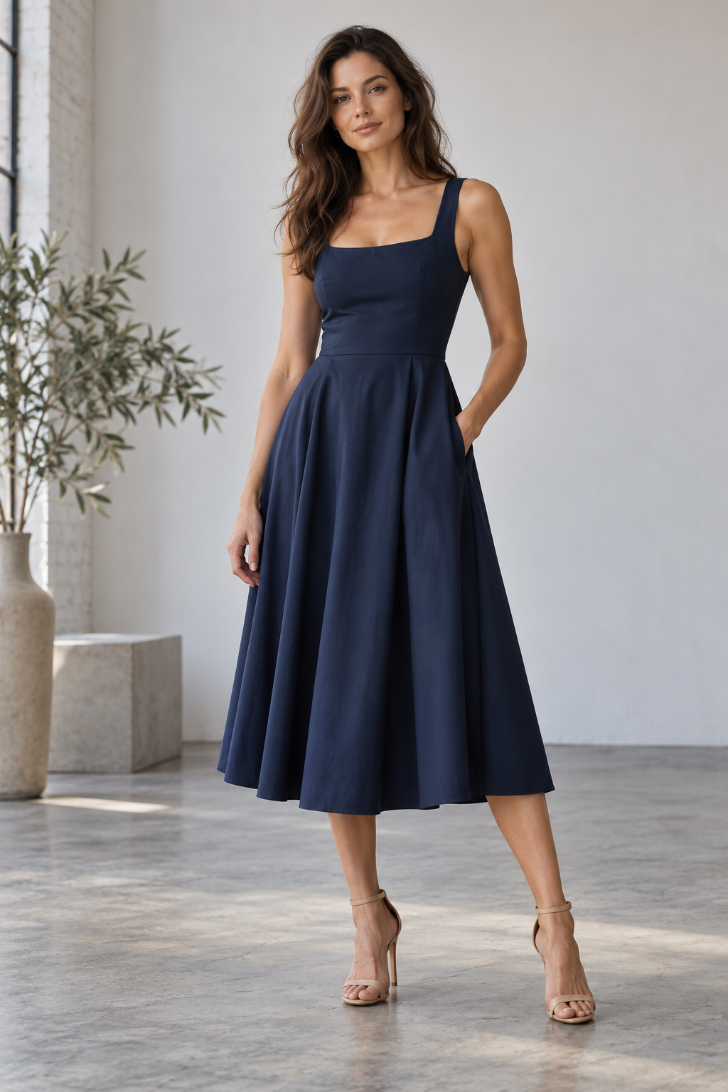 Adult model wearing a navy A-line dress in a fitting studio