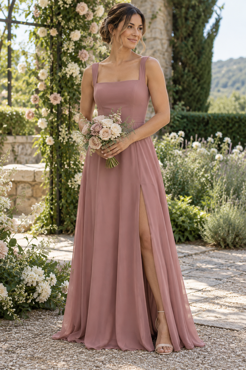 Adult bridesmaid wearing a dusty rose square-neck dress in a garden