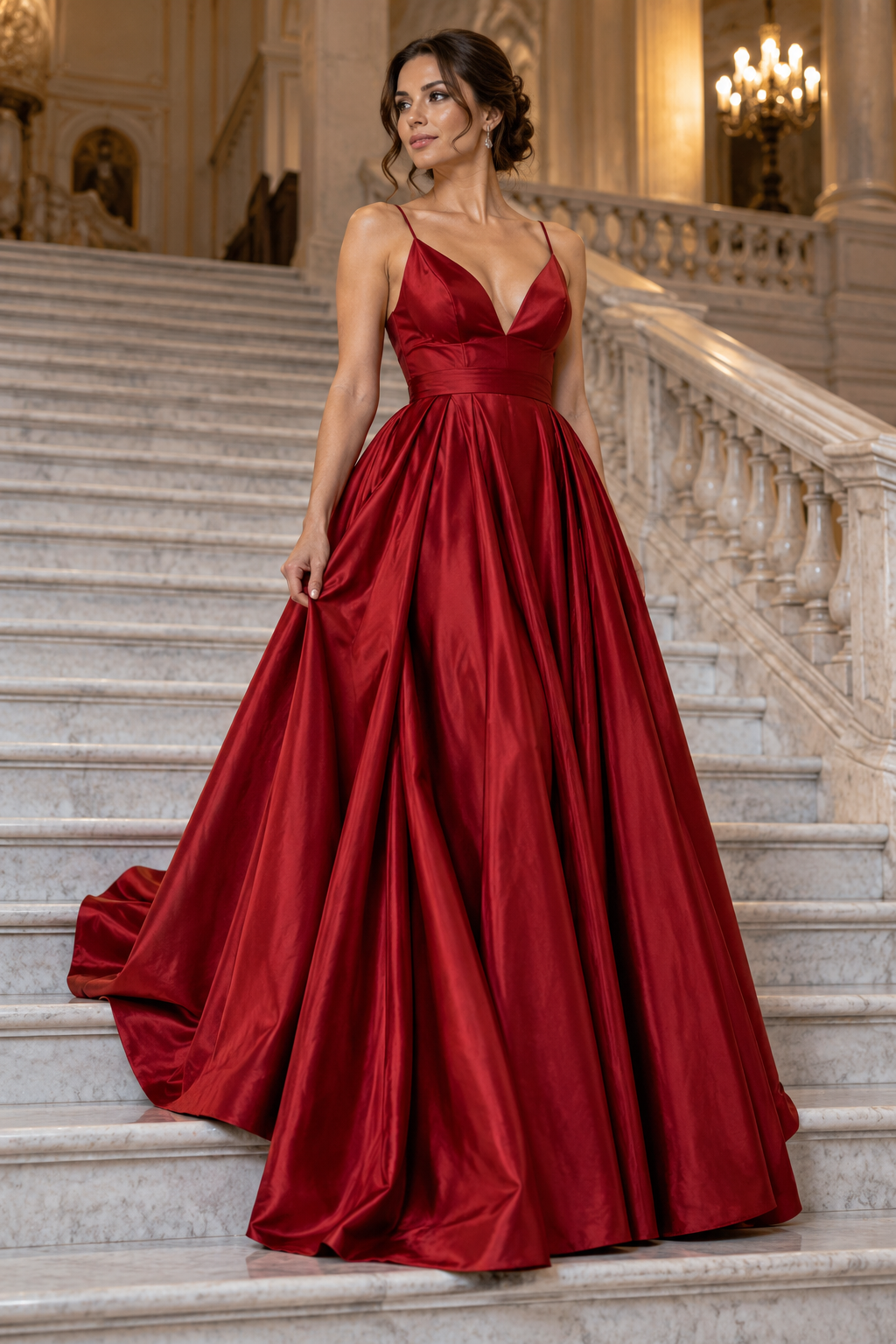 Adult model wearing a ruby red full-skirt ball gown on a staircase