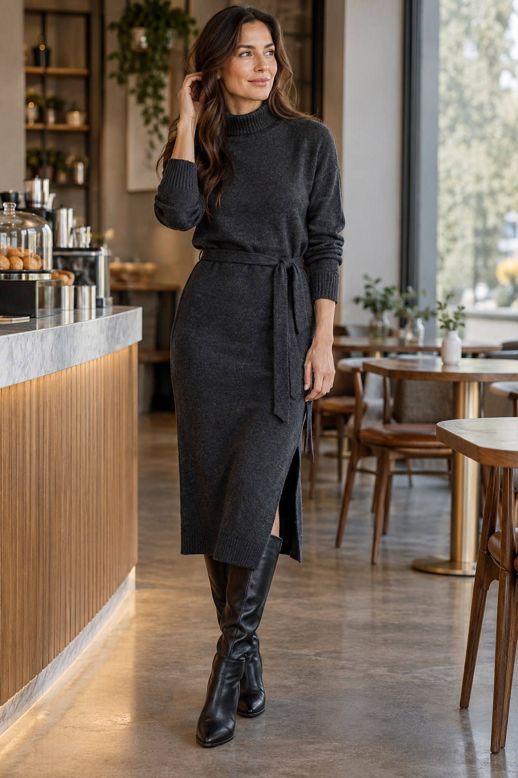 Adult model wearing a charcoal knit sweater dress at a cafe