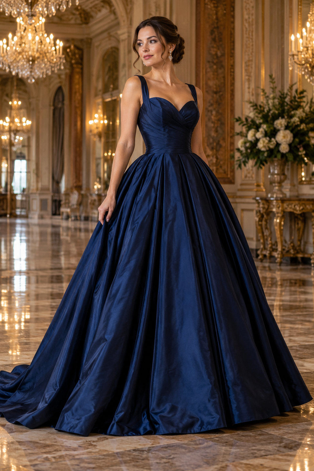 Adult model wearing a midnight blue ball gown in a ballroom
