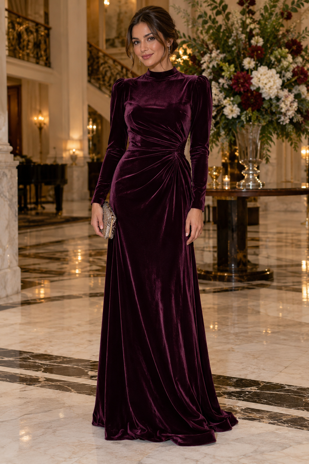 Adult guest in a plum velvet winter wedding dress at a hotel