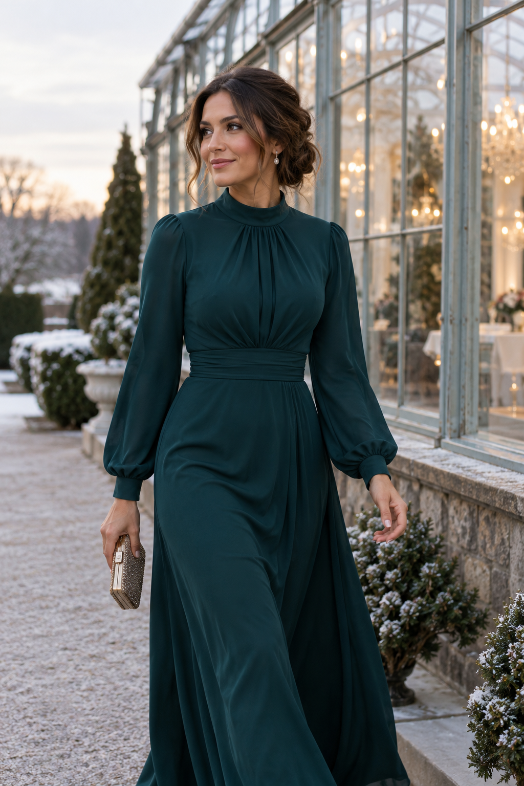 Adult guest in a deep teal long-sleeve dress beside a conservatory