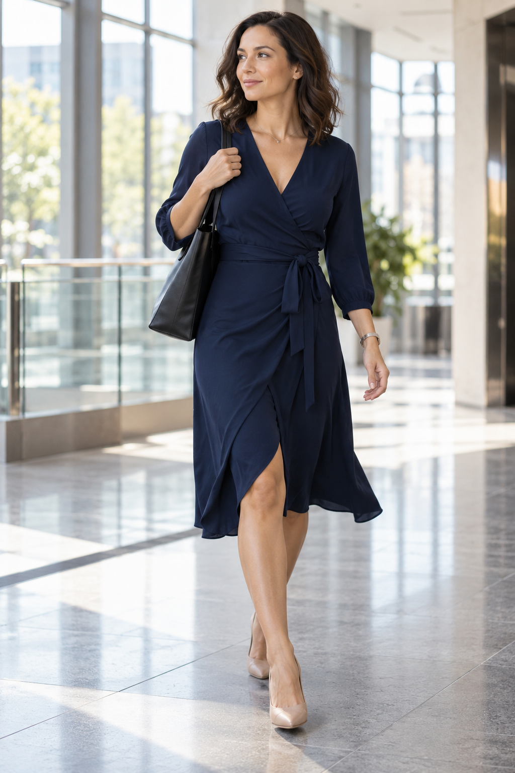 Adult model in a navy wrap dress at an office atrium