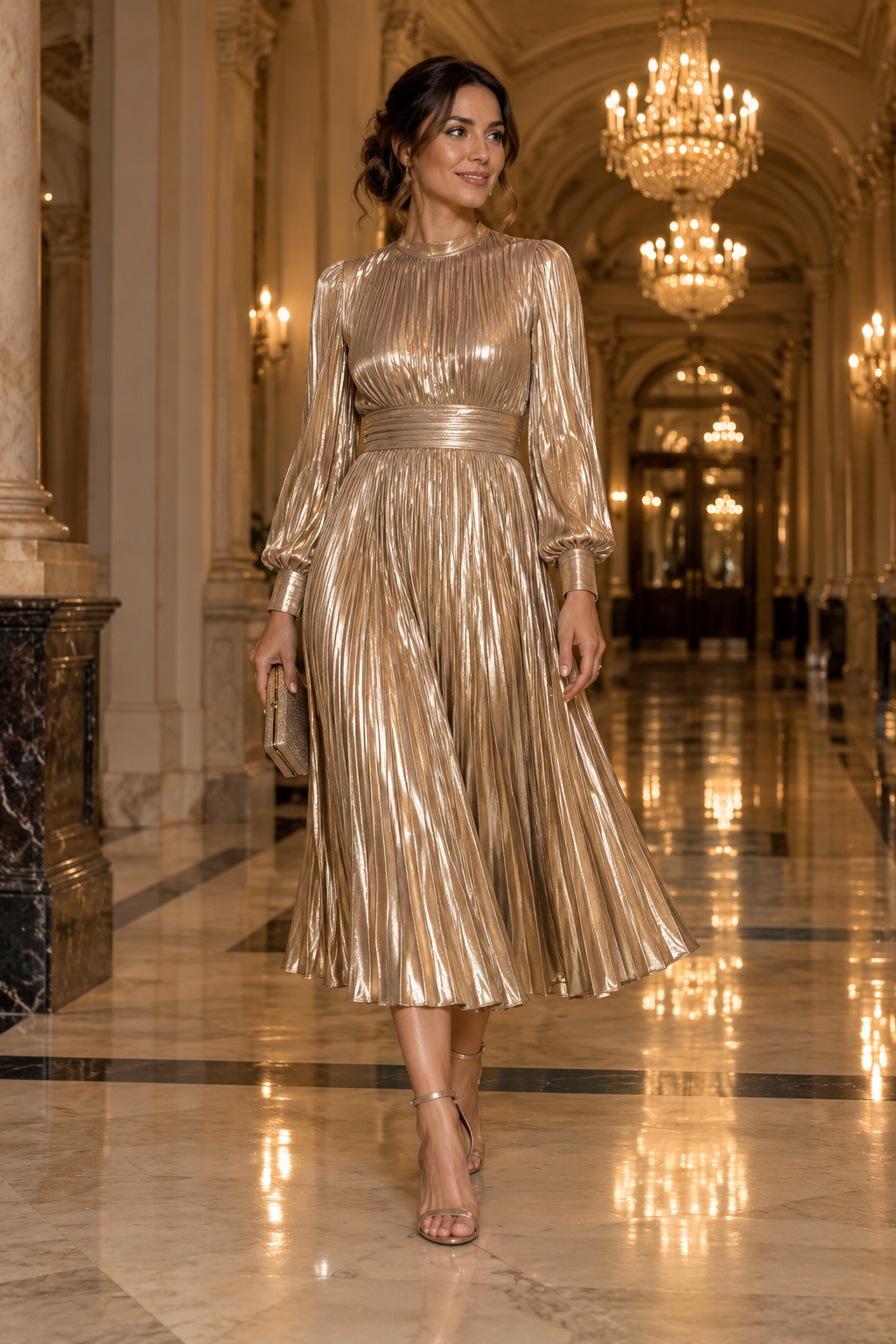 Adult model in a champagne gold pleated dress in a grand hallway