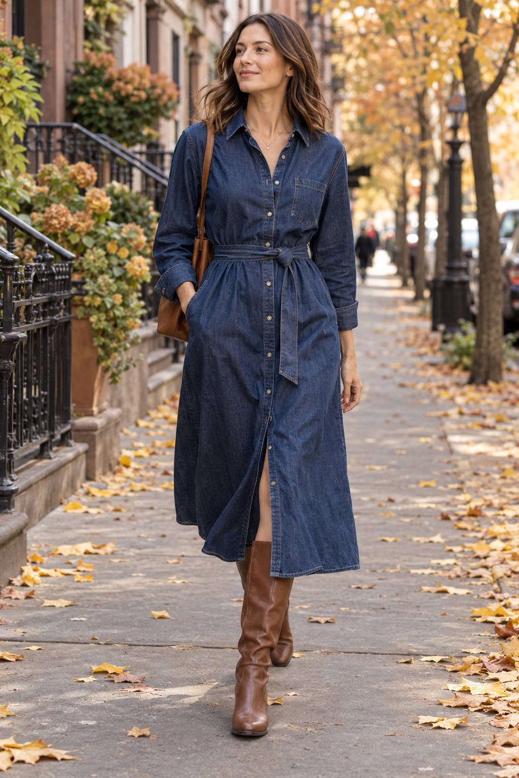 Adult model in an indigo denim shirt dress on an autumn street