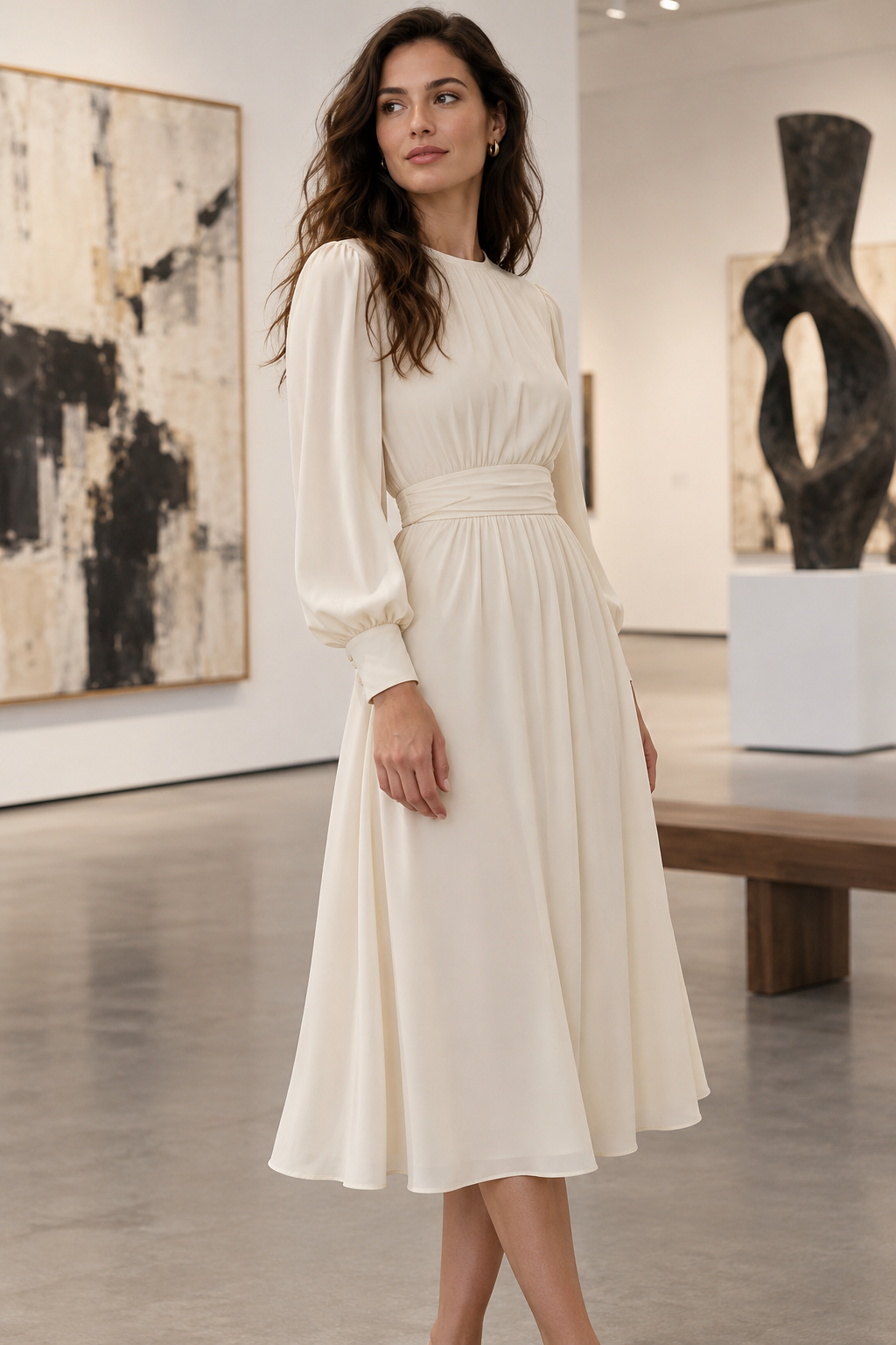 Tall adult model in a cream midi dress at a modern gallery