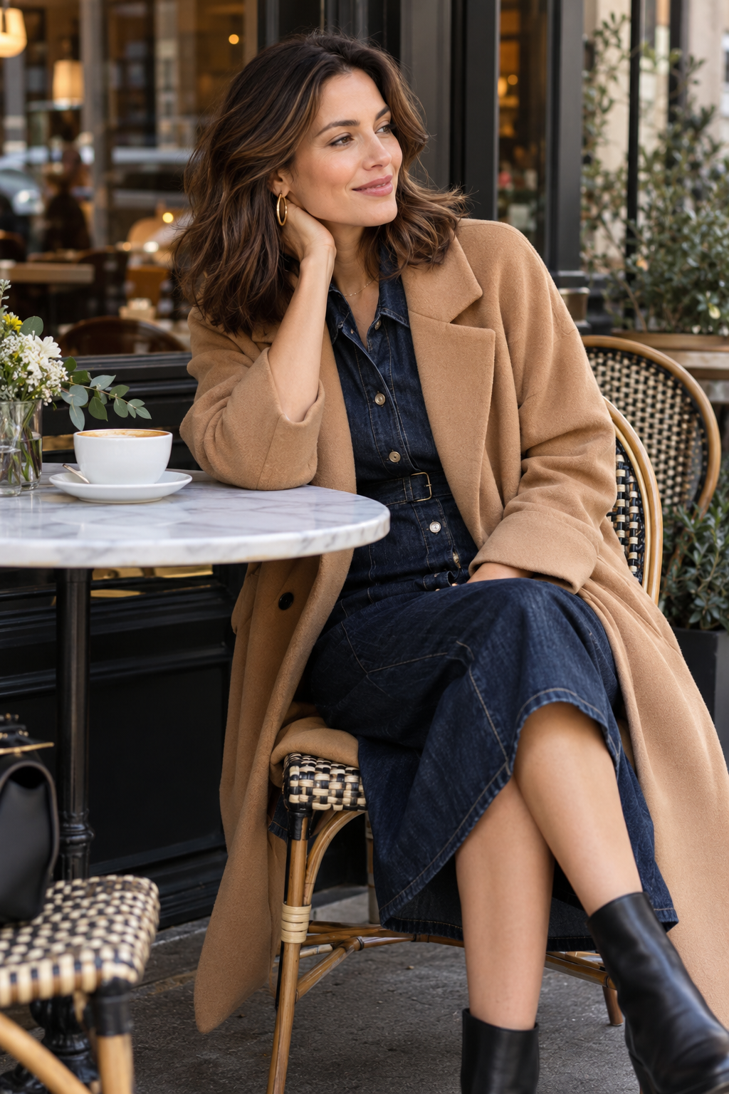 Adult model in a dark denim midi dress under a camel coat at a cafe