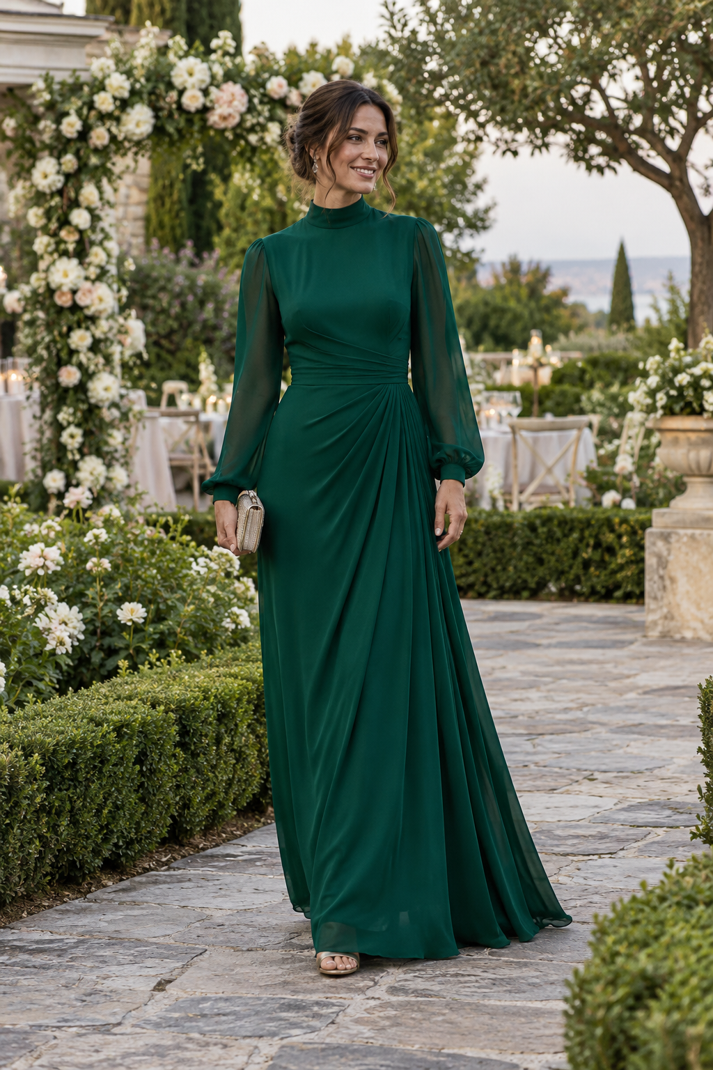 Adult guest in an emerald high-neck formal maxi dress at a garden venue