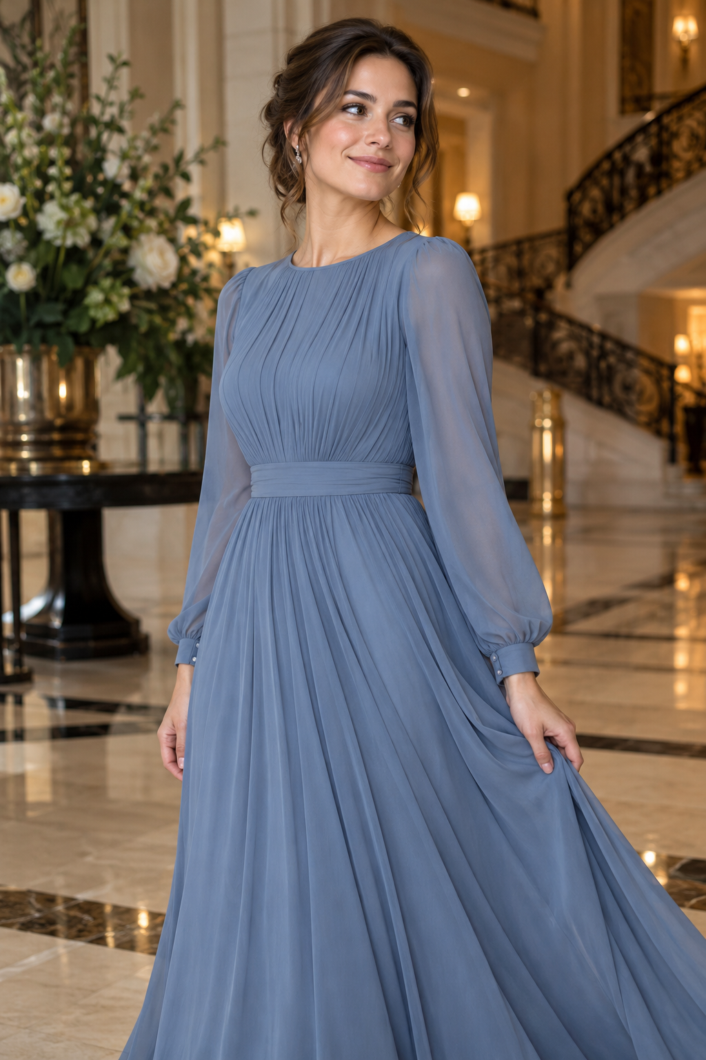 Adult guest in a dusty blue long-sleeve formal dress at a hotel
