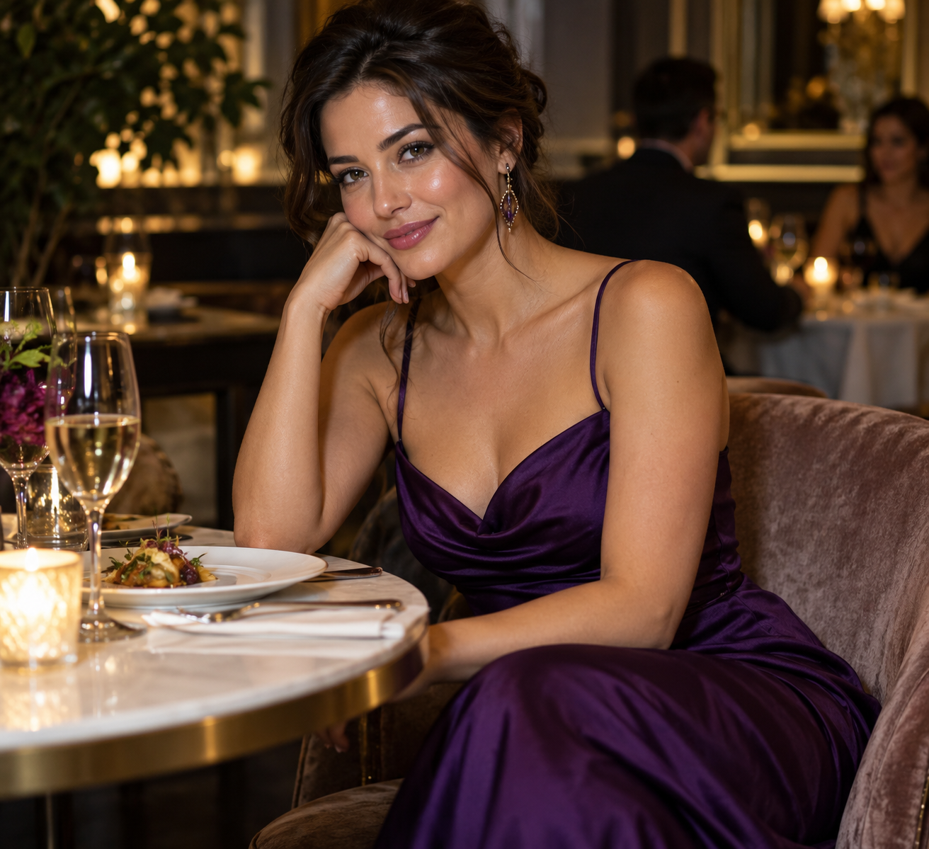 Adult model in a purple evening dress at a restaurant
