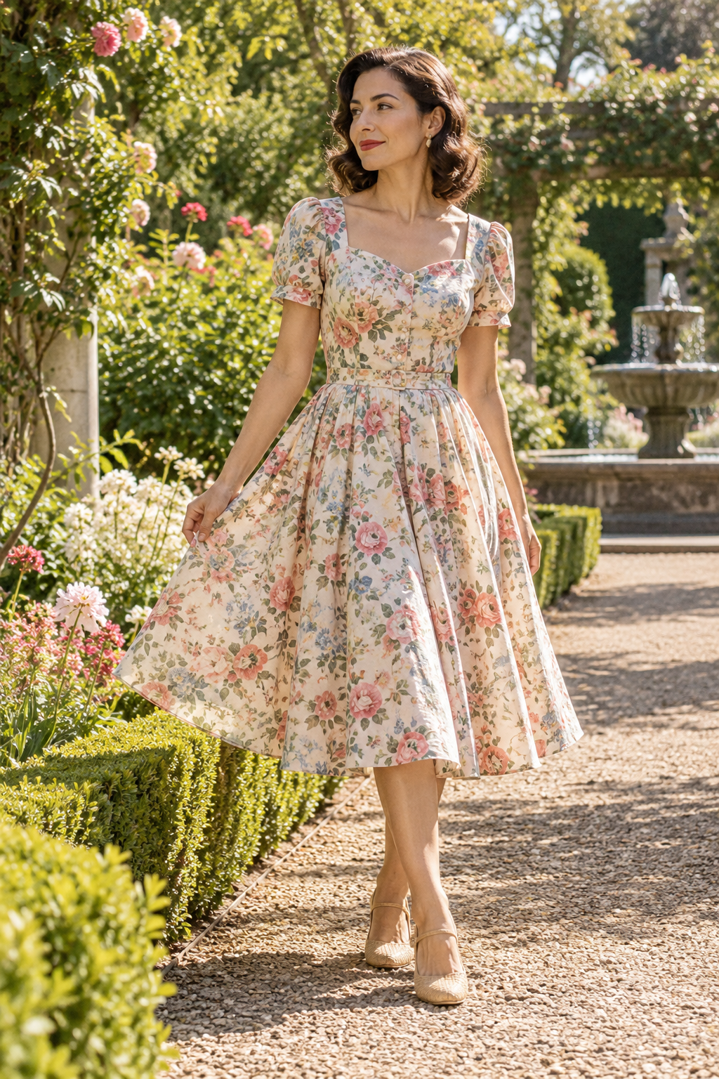 Adult model in a floral vintage-inspired tea dress at a botanical garden