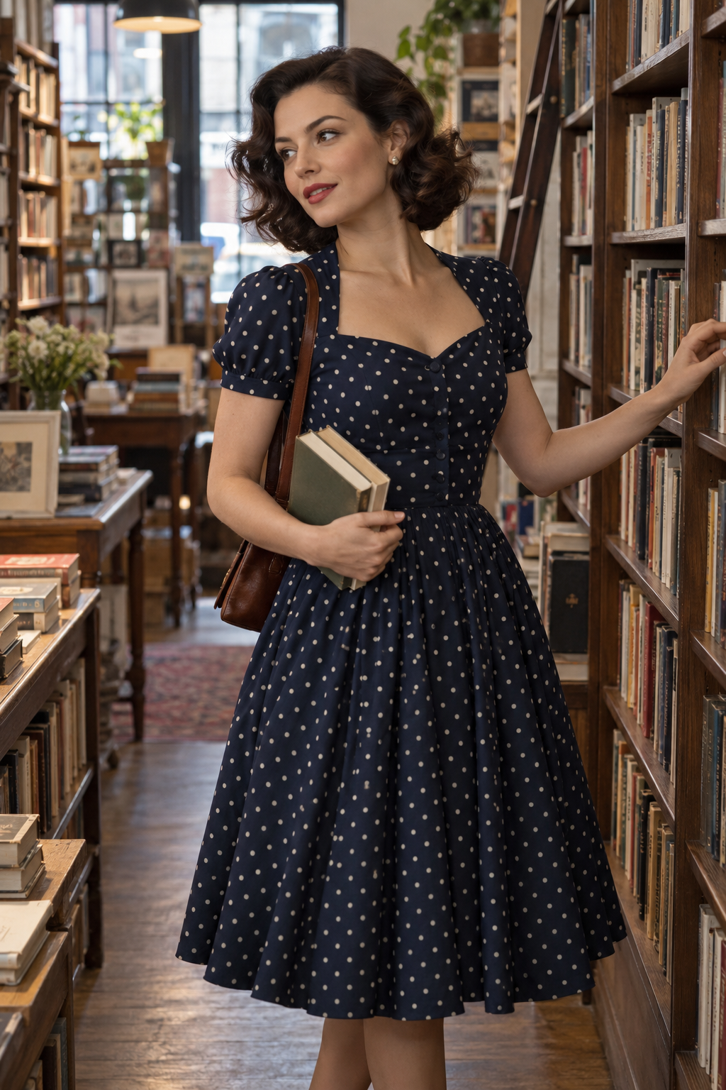 Adult model in a navy polka-dot tea dress inside a bookshop
