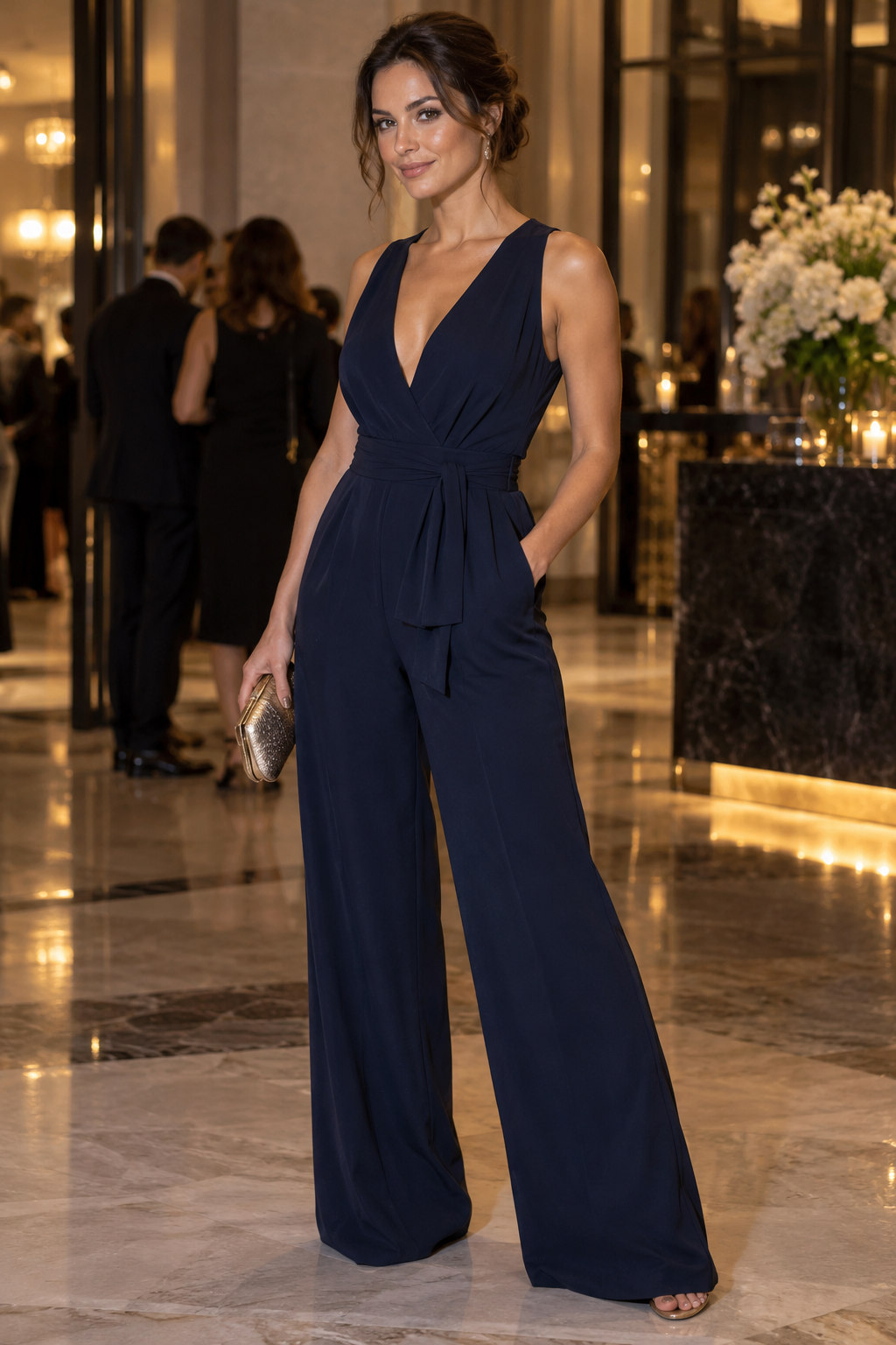 Adult model in a navy wide-leg formal jumpsuit at an evening lobby