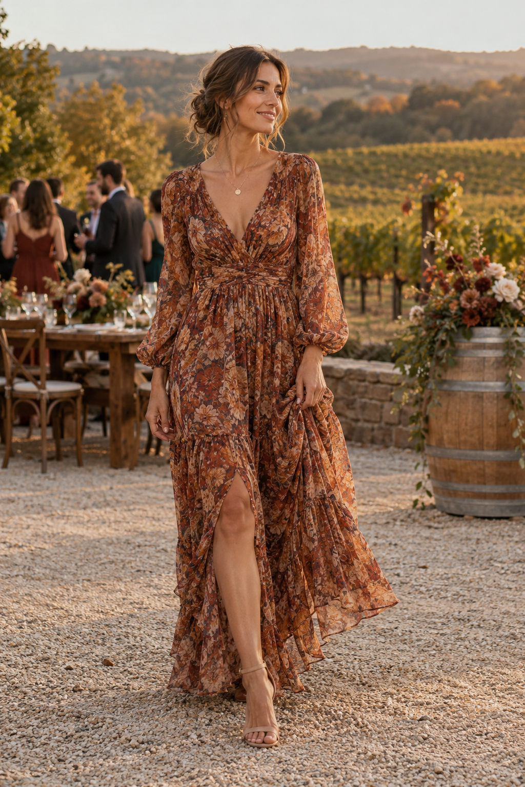 Adult guest in a floral bohemian dress at an autumn vineyard